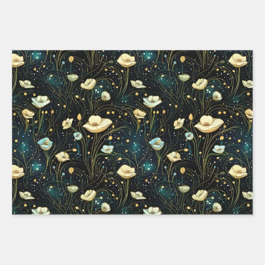 Elegant Celestial Floral Midnight Blue & Gold Geschenkpapier Set (Vorderseite 2)