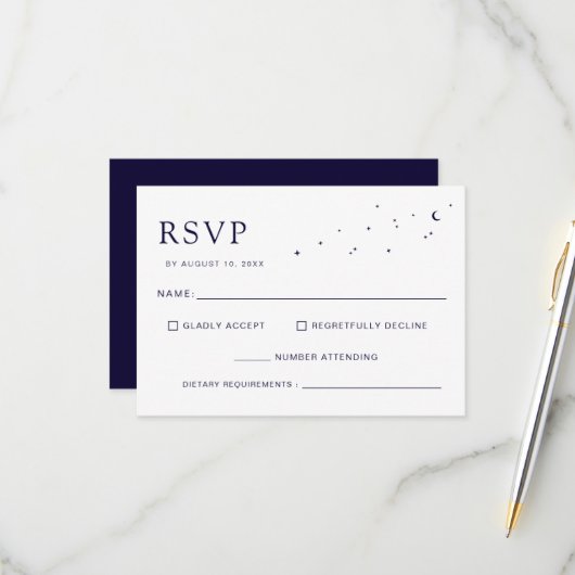 Elegant Celestial Midnight Blue Monogram Wedding RSVP Karte (Vorderseite/Rückseite Beispiel)