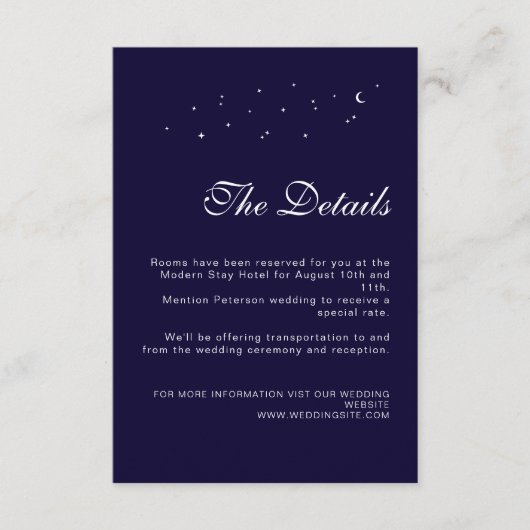 Elegant Celestial Midnight Blue Wedding Details Begleitkarte (Vorderseite)