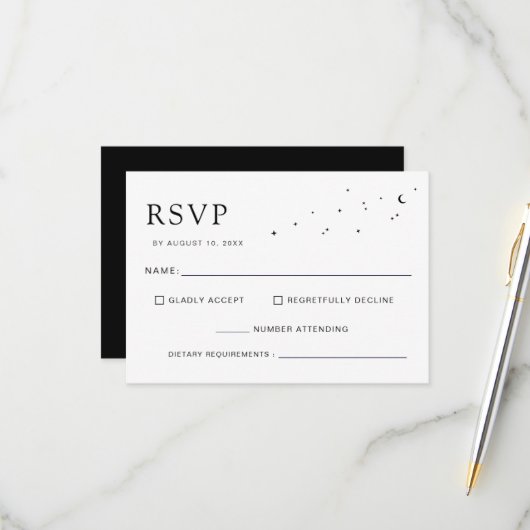 Elegant Celestial Minimal Black Monogram Wedding RSVP Karte (Vorderseite/Rückseite Beispiel)