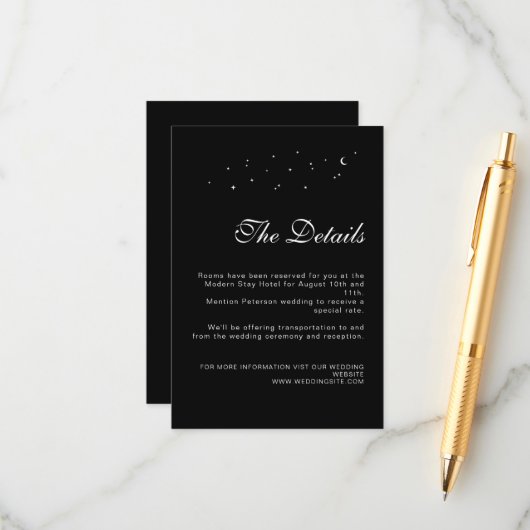Elegant Celestial Minimal Black Wedding Details Begleitkarte (Vorderseite/Rückseite Beispiel)