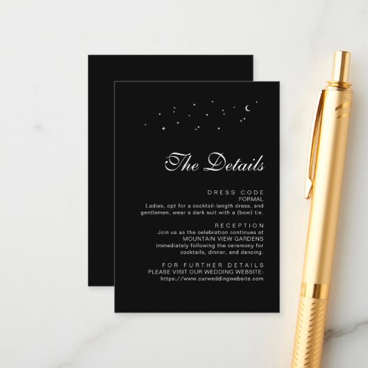 Elegant Celestial Minimal Black Wedding Details Begleitkarte (Vorderseite/Rückseite Beispiel)