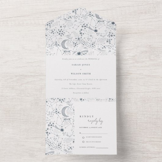 Elegant Celestial Navy Starry Night Moon Wedding All In One Einladung (Innen Boden)