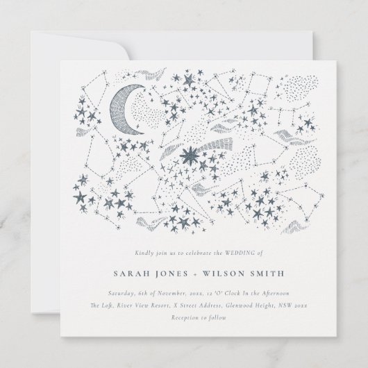 Elegant Celestial Navy Starry Night Moon Wedding Einladung (Vorderseite)