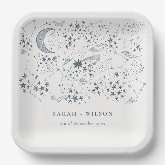Elegant Celestial Navy Starry Night Moon Wedding Pappteller (Vorderseite)