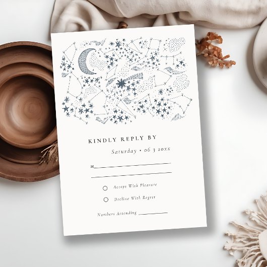 Elegant Celestial Navy Starry Night Moon Wedding RSVP Karte