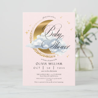 Elegant Celestial Pink Script Baby Shower  Einladung