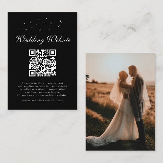 Elegant Celestial QR Code Black Wedding Details Begleitkarte (Vorne/Hinten)