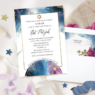 Elegant Celestial Watercolor Bat Mitzvah Einladung