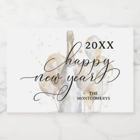 Elegant Champagne and Balloons Happy New Year Mini Schaumweinetikett (Einzelnes Label)