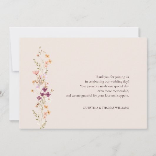 Elegant Champagne Boho Wildblume Wedding Dankeskarte (Rückseite)