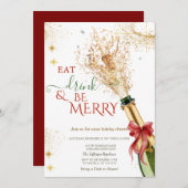 Elegant Champagne Bottle Red Bow Christmas Party Einladung (Vorne/Hinten)