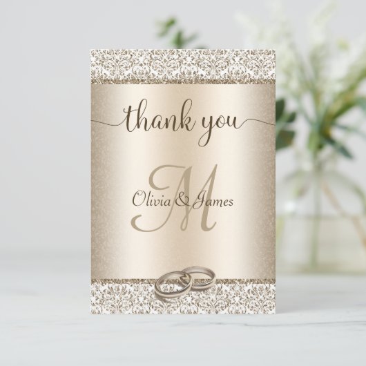Elegant Champagne Damask Monogram Wedding Dankeskarte (Stehend Vorderseite)