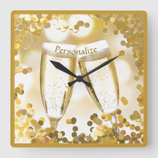 Elegant Champagne Glasses Celebrate Gold Confetti Quadratische Wanduhr (Vorderseite)