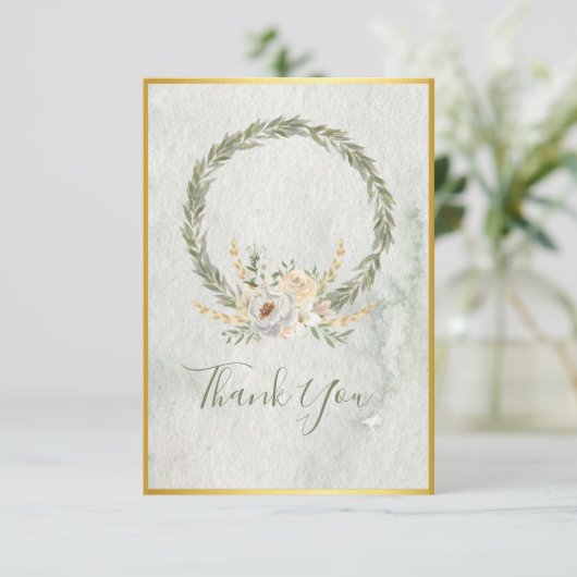 Elegant Champagne Ivory Floral Script Dankeskarte (Stehend Vorderseite)