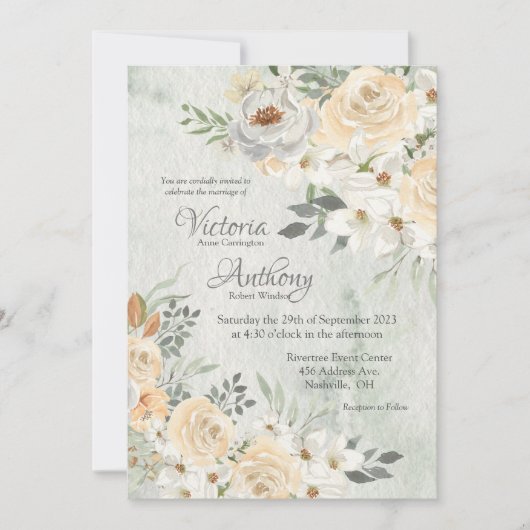 Elegant Champagne Ivory Floral Script Wedding Einladung (Vorderseite)