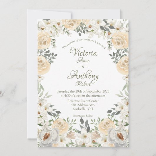 Elegant Champagne Ivory Floral Script Wedding Invi Einladung (Vorderseite)