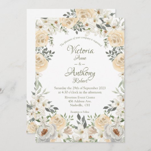 Elegant Champagne Ivory Floral Script Wedding Invi Einladung (Vorne/Hinten)