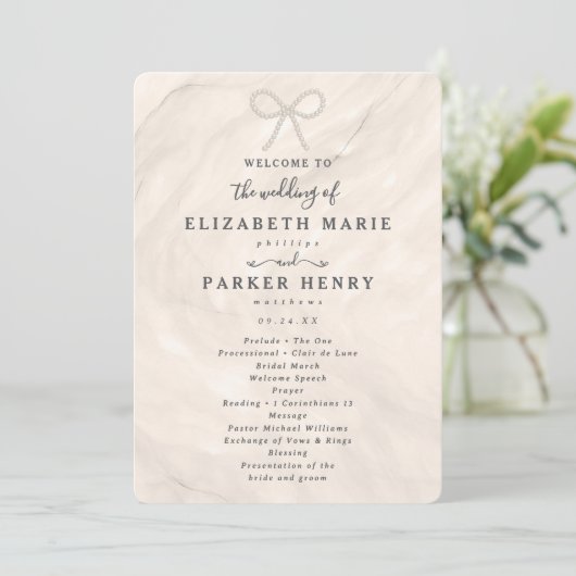 Elegant Champagne Pearl Bow Wedding Ceremony Programm (Stehend Vorderseite)