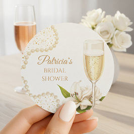 Elegant Champagne Pearls & Prosecco Bridal Shower Runder Aufkleber