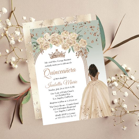 Elegant Champagne | Sage Floral Quinceañera Party Einladung