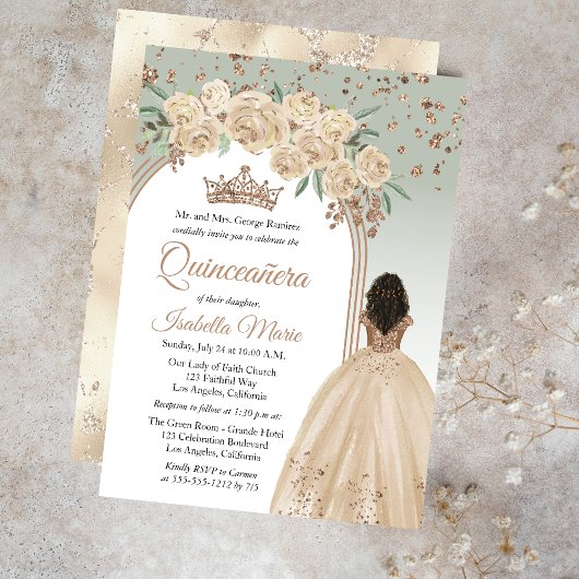 Elegant Champagne | Sage Floral Quinceañera Party Einladung