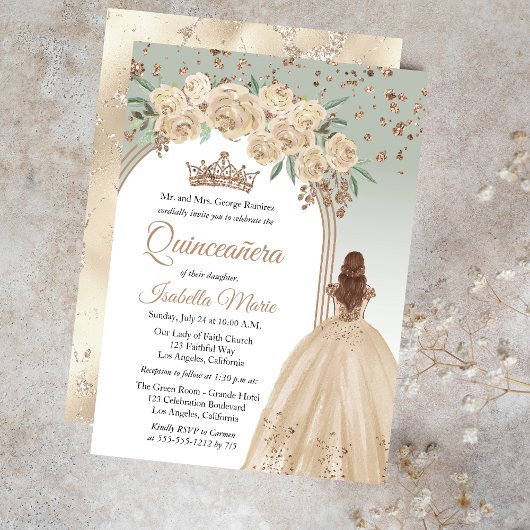 Elegant Champagne | Sage Floral Quinceañera Party Einladung