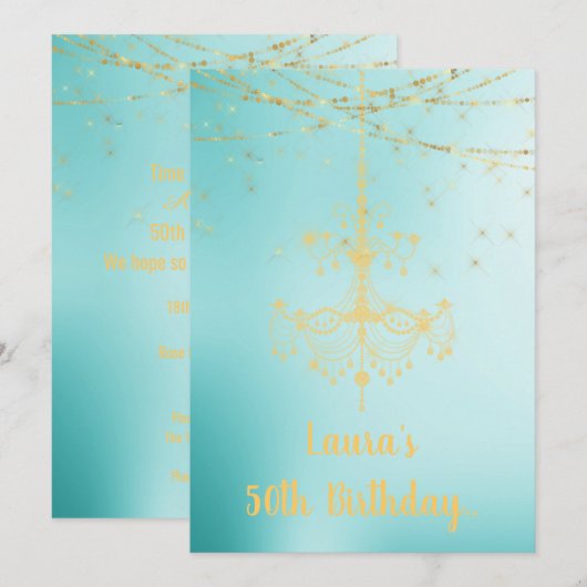 ELEGANT CHANDELIER online Custom BIRTHDAY AQUA Einladung (Vorne/Hinten)