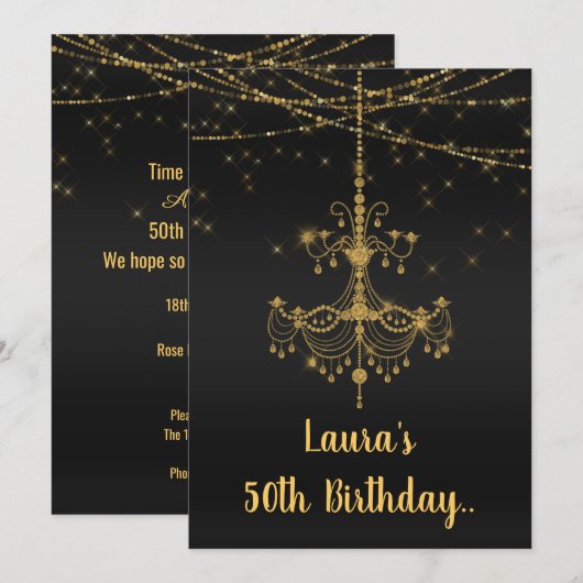 ELEGANT CHANDELIER online Custom BIRTHDAY BLACK Einladung (Vorne/Hinten)