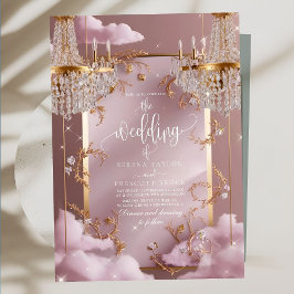 Elegant Chandelier Pink Clouds Wedding Einladung