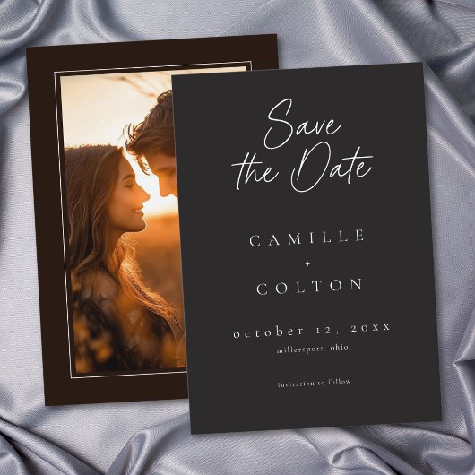 Elegant Charcoal Black Minimalist Wedding Photo Save The Date