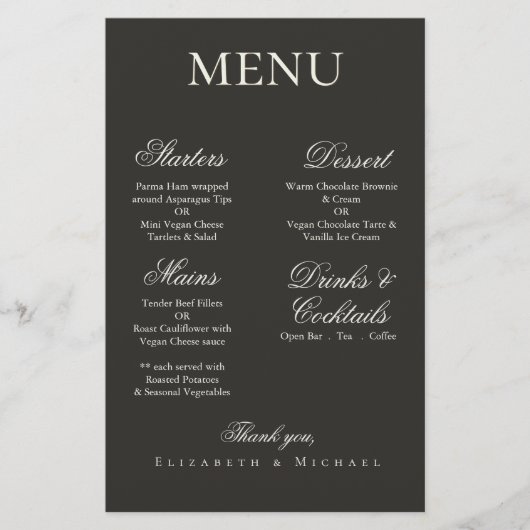 Elegant Charcoal Gold Boho Minimalist Wedding Menu (Vorderseite)