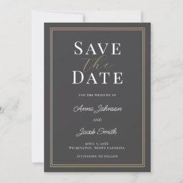 Elegant Charcoal Gray Gold Double Border Wedding Save The Date