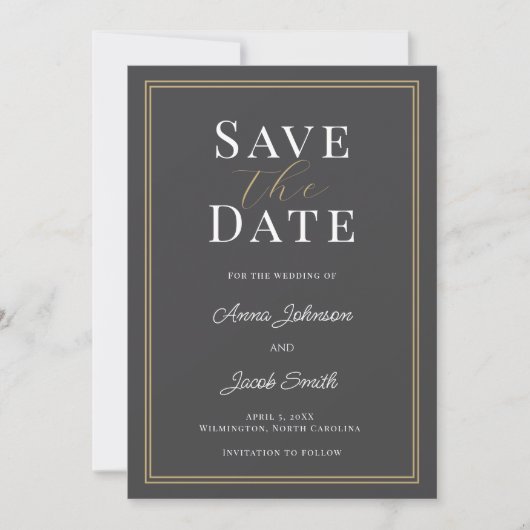 Elegant Charcoal Gray Gold Double Border Wedding  Save The Date (Vorderseite)