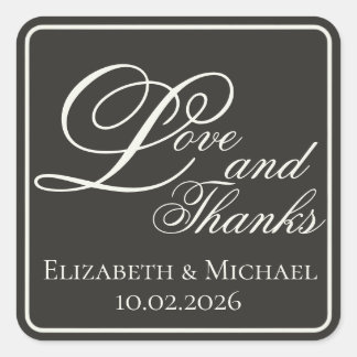 Elegant Charcoal Modern "Love and Thanks" Quadratischer Aufkleber