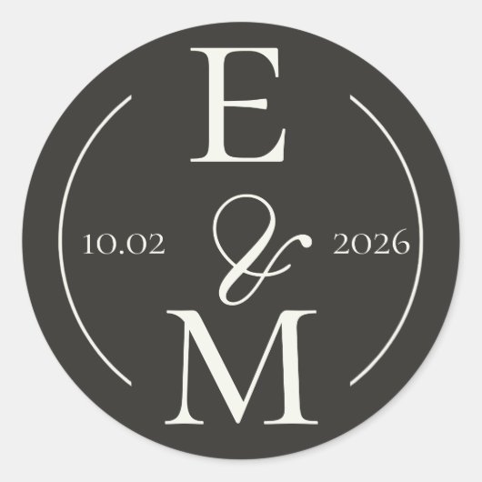 Elegant Charcoal Modern Monogram Date Wedding Runder Aufkleber (Vorderseite)