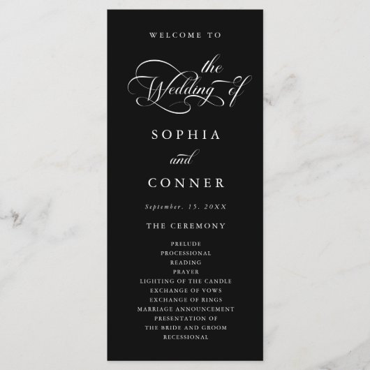Elegant Charm Script Hochzeitsfeier Black Programm (Vorderseite)