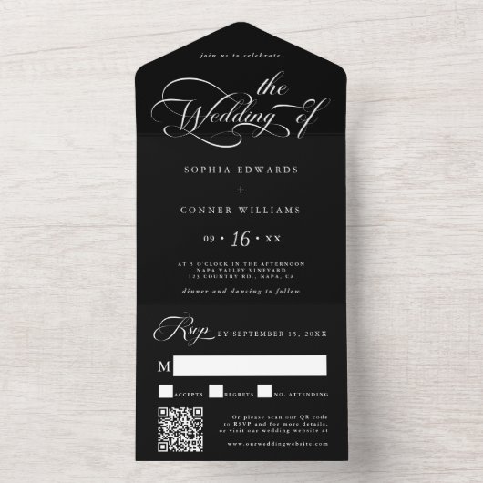 Elegant Charm Script Wedding Black All In One Einladung (Innen Boden)