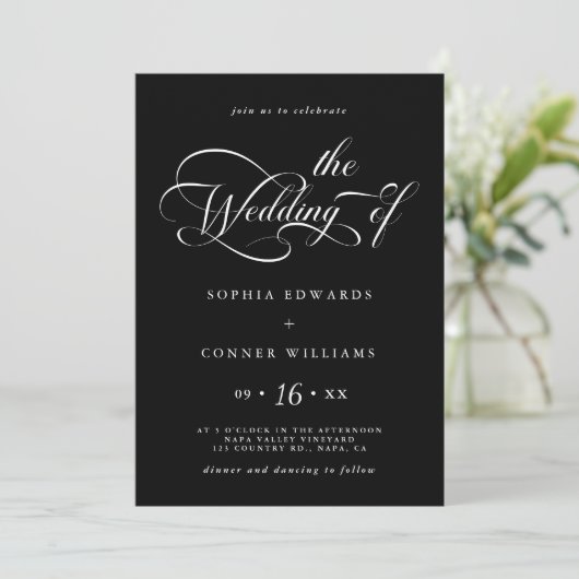 Elegant Charm Script Wedding Black Einladung (Stehend Vorderseite)