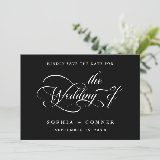 Elegant Charm Script Wedding Black Save The Date (Stehend Vorderseite)