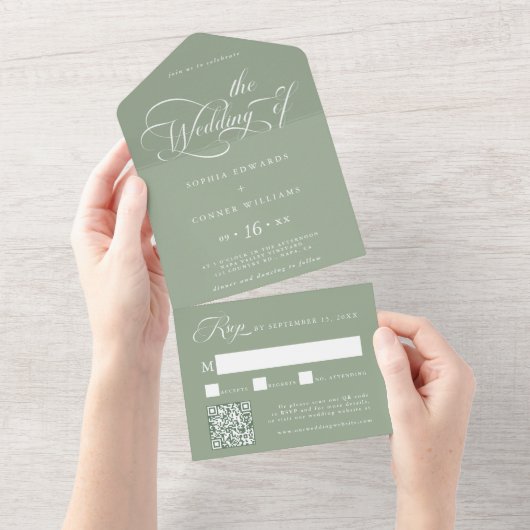 Elegant Charm Script Wedding Sage Green All In One Einladung (Abreißen)