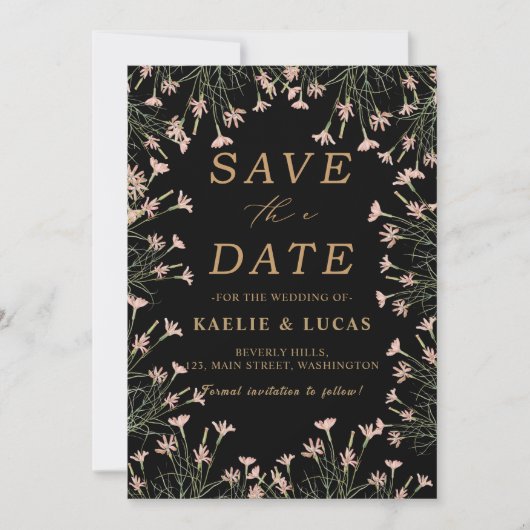 Elegant Charm Wild Blume | Schwarz & Gold Save The Date (Vorderseite)