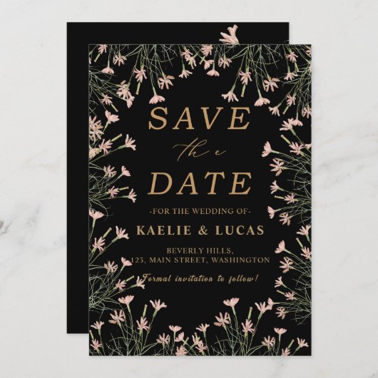 Elegant Charm Wild Blume | Schwarz & Gold Save The Date (Vorne/Hinten)