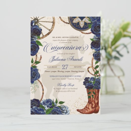 Elegant Charro Blue Rose Western Boots Quinceanera Einladung (Stehend Vorderseite)