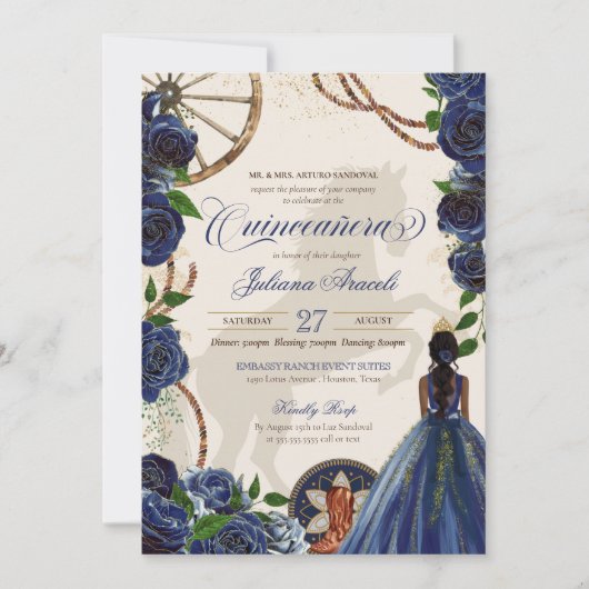 Elegant Charro Blue Rose Western Ranch Quinceanera Einladung (Vorderseite)