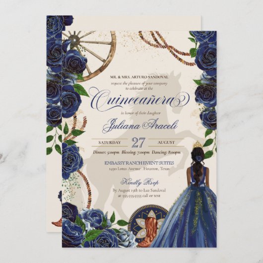 Elegant Charro Blue Rose Western Ranch Quinceanera Einladung (Vorne/Hinten)