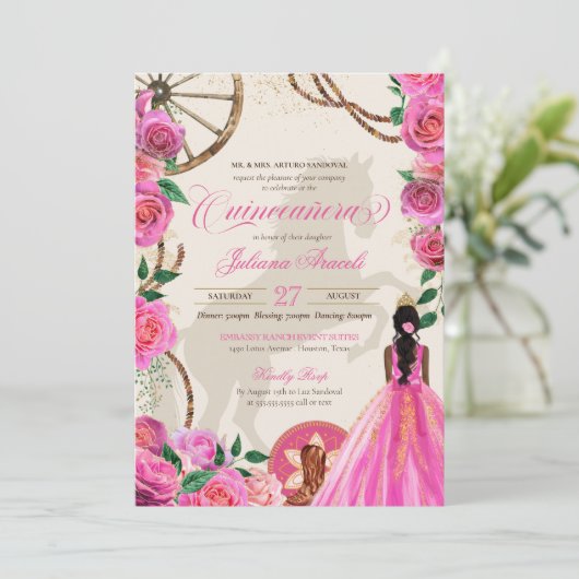 Elegant Charro Pink Rose Western Ranch Quinceanera Einladung (Stehend Vorderseite)