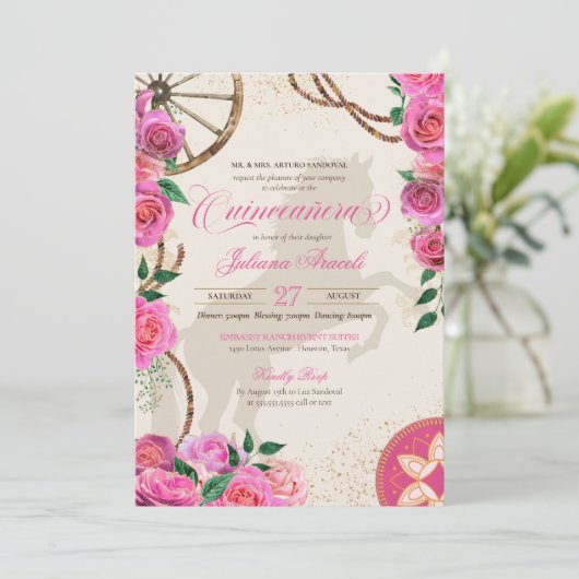 Elegant Charro Pink Rose Western Ranch Quinceanera Einladung (Stehend Vorderseite)