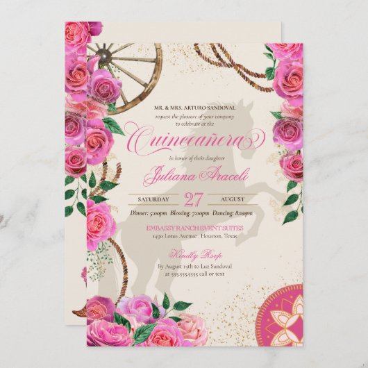 Elegant Charro Pink Rose Western Ranch Quinceanera Einladung (Vorne/Hinten)
