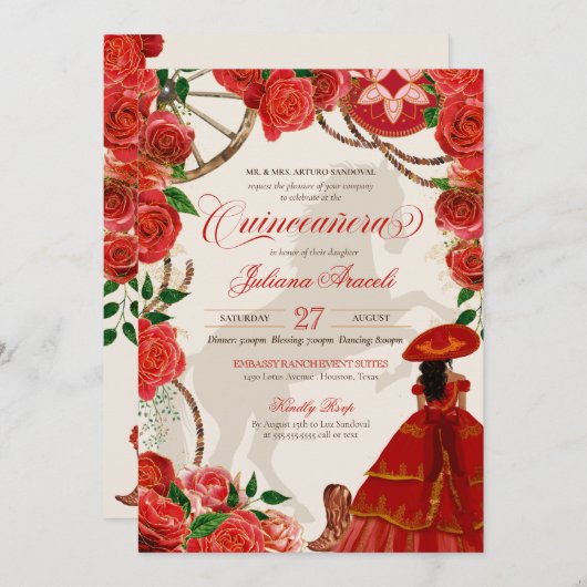 Elegant Charro Rote Rosen Mariachi Quinceanera Inv Einladung (Vorne/Hinten)